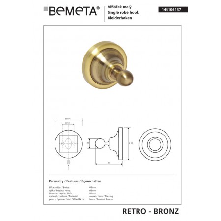 Bemeta RETRO bronze Wieszak 144106137