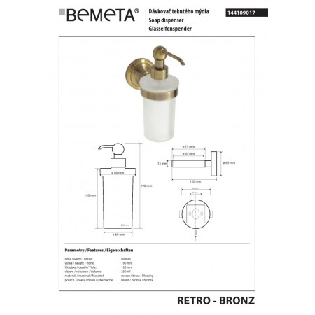 Bemeta RETRO Bronze Dozownik mydła 230 ml 144109017