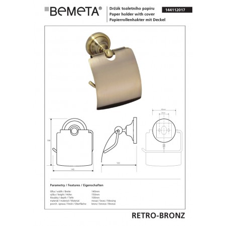 Bemeta RETRO Bronze uchwyt na papier toaletowy z klapką 144112017