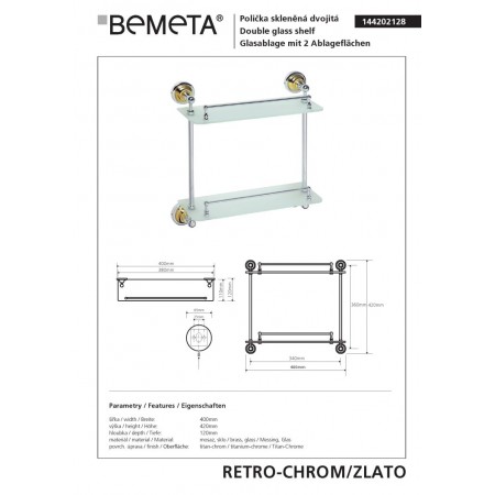 Bemeta RETRO gold/chrome Podwójna szklana półka 144202128$K