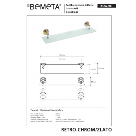 Bemeta RETRO gold/chrome Półka szklana 144202248$K