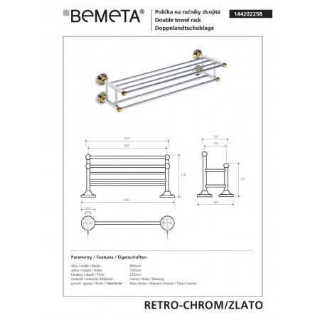 Bemeta RETRO gold/chrome Podwójny wieszak na ręczniki z drążkiem 144202258$K