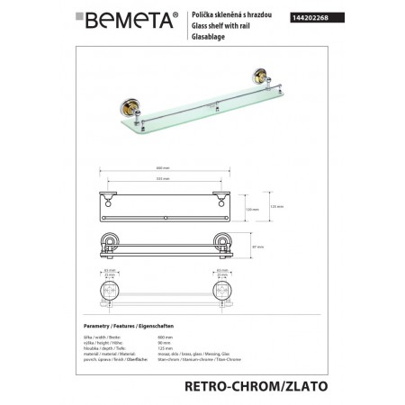 Bemeta RETRO gold/chrome Półka szklana z poprzeczką 144202268$K