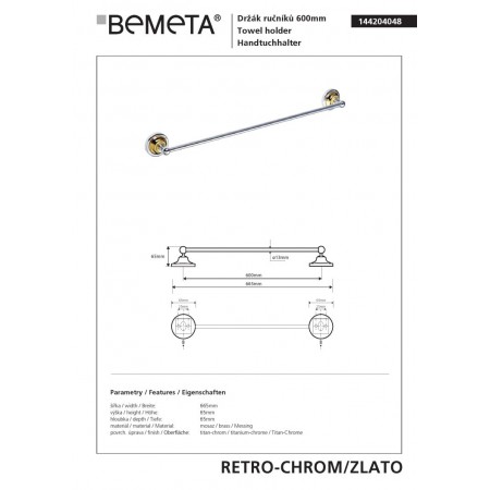 Bemeta RETRO gold/chrome Wieszak na ręcznik 600 mm 144204048$K