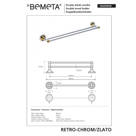 Bemeta RETRO złoty chrom podwójny wieszak na ręczniki 600 mm obok siebie 144204058$K