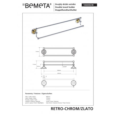 Bemeta RETRO złoty chrom podwójny wieszak na ręczniki 144204238$K