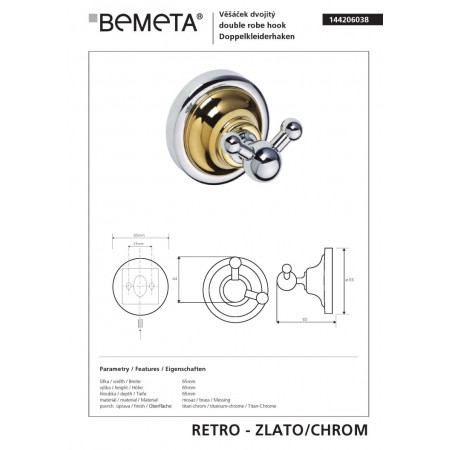 Bemeta RETRO złoto/chrom Wieszak podwójny 144206038