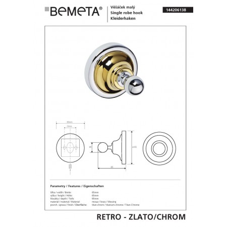 Bemeta RETRO złoto/chrom Wieszak pojedynczy 144206138