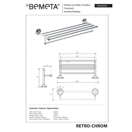 Bemeta RETRO chrom wieszak na ręczniki z drążkiem 144302092$K