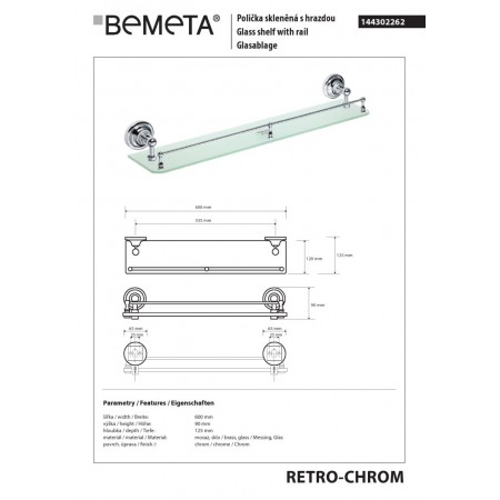 Bemeta RETRO chrom Półka szklana z poprzeczką 144302262$K