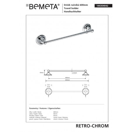 Bemeta RETRO chrom Wieszak na ręcznik 600 mm 144304042$K