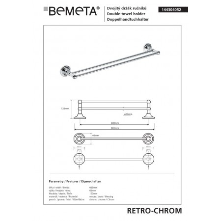 Bemeta RETRO chrom podwójny wieszak na ręczniki 600 mm 144304052$K