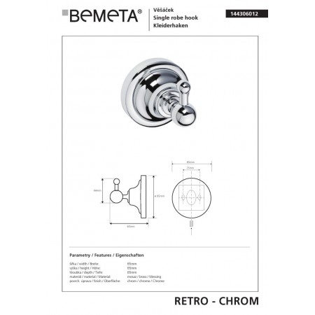 Bemeta RETRO chrom Wieszak pojedynczy 144306012