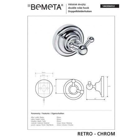 Bemeta RETRO chrom Wieszak podwójny 144306032