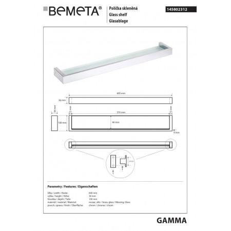 Bemeta GAMMA Półka szklana 600 mm 145802312$K