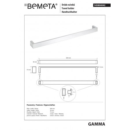 Bemeta GAMMA Wieszakt na ręcznik 600 mm 145804042$K