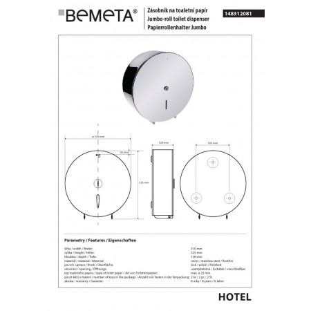 Bemeta Jumbo pojemnik na papier toaletowy O 310 mm błyszczący 148312081