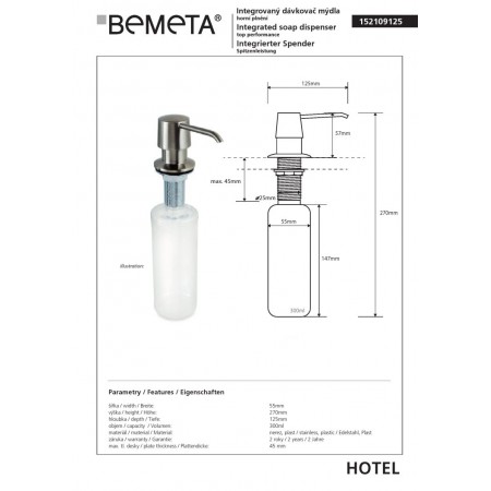 Bemeta Podblatowy wbudowany dozownik mydła i płynu dezynfekującego 300 ml matowy 152109125