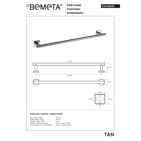 Bemeta TASI Wieszak na ręcznik 600 mm 154104042$K