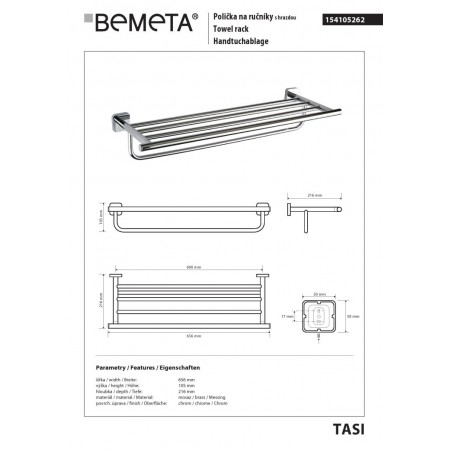 Bemeta TASI Wieszak na ręczniki z relingiem 600 mm 154105262$K