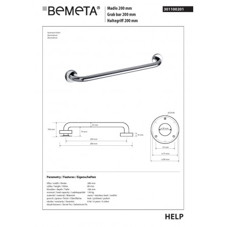 Bemeta HELP Uchwyt 200 mm stal nierdzewna 301100201