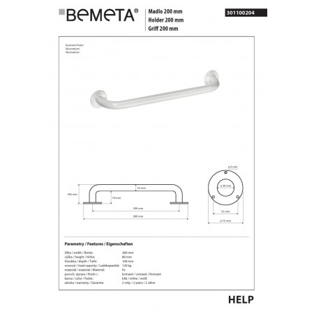 Bemeta HELP Uchwyt 200 mm biały 301100204