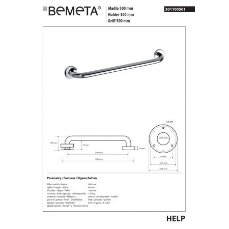 Bemeta HELP Uchwyt 500 mm połysk 301100501$K