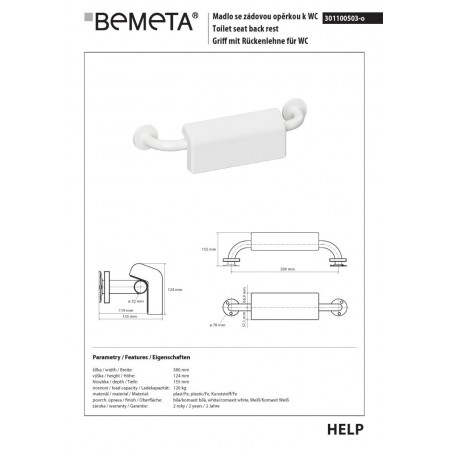 Bemeta HELP Uchwyt 500 mm biały z oparciem z osłoną 301100503-o$K