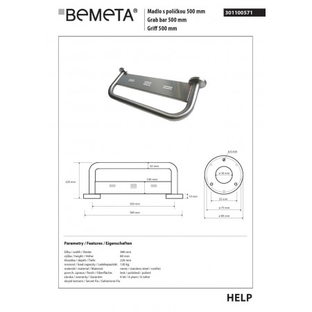 Bemeta HELP Uchwyt z półką 500 mm stal nierdzewna połysk 301100571$K