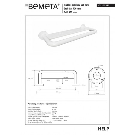 Bemeta HELP Uchwyt z półką 500 mm biały z osłoną 301100573$K