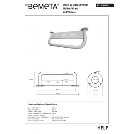 Bemeta HELP Uchwyt z półką 500 mm biały 301100574$K