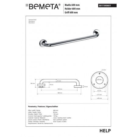 Bemeta HELP Uchwyt 600 mm stal nierdzewna połysk 301100601$K