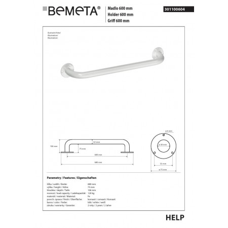 Bemeta HELP Uchwyt 600 mm biały 301100604$K