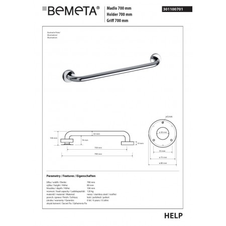 Bemeta HELP Uchwyt 700 mm stal nierdzewna połysk 301100701$K