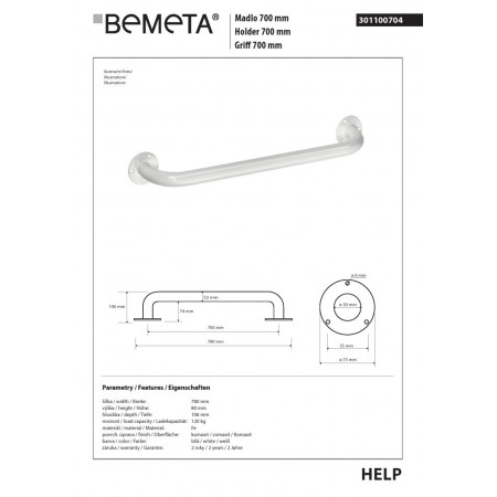 Bemeta HELP Uchwyt 700 mm biały 301100704$K