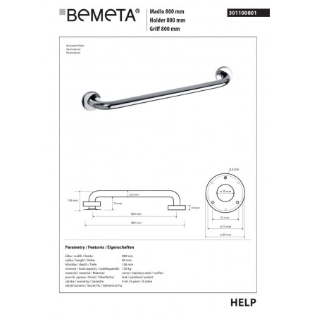 Bemeta HELP Uchwyt 800 mm stal nierdzewna połysk 301100801$K