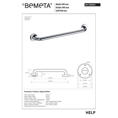 Bemeta HELP Uchwyt 900 mm stal nierdzewna połysk 301100901$K