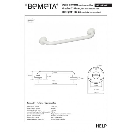 Bemeta HELP Uchwyt 1100 mm biały z osłoną 301101103$K