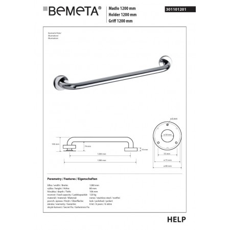 Bemeta HELP Uchwyt 1200 mm połysk 301101201$K