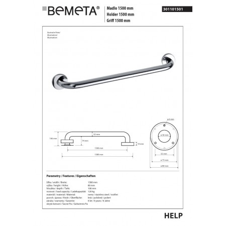 Bemeta HELP Uchwyt 1500 mm połysk 301101501$K