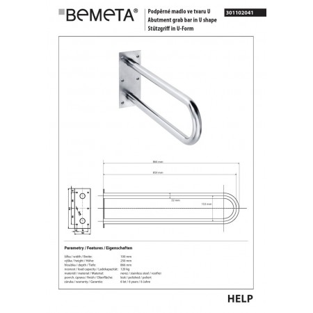 Bemeta HELP Uchwyt w kształcie litery U 850 mm stal nierdzewna, 301102041$K