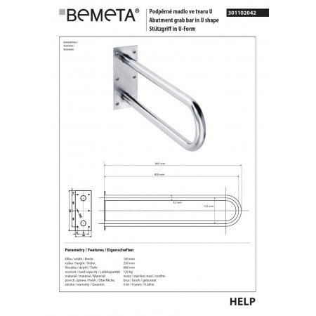 Bemeta HELP Uchwyt w kształcie litery U 850 mm stal nierdzewna szlifowana 301102042$K