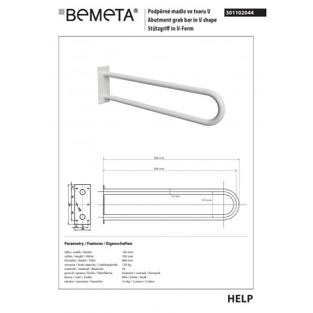 Bemeta HELP Uchwyt w kształcie litery U 850 mm biały 301102044$K