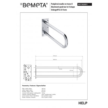 Bemeta HELP Uchwyt w kształcie litery U 600 mm stal nierdzewna 301102051$K