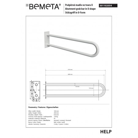 Bemeta HELP Uchwyt w kształcie litery U 600 mm biały 301102054$K