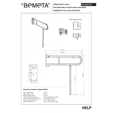 Bemeta HELP składany uchwyt w kształcie litery U z nóżką 600 mm stal nierdzewna połysk 301102071N$K