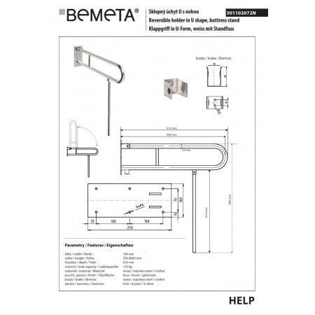 Bemeta HELP Składany uchwyt w kształcie litery U z nogą podporową 600 mm szlifierka ze stali nierdzewnej 301102072N$K