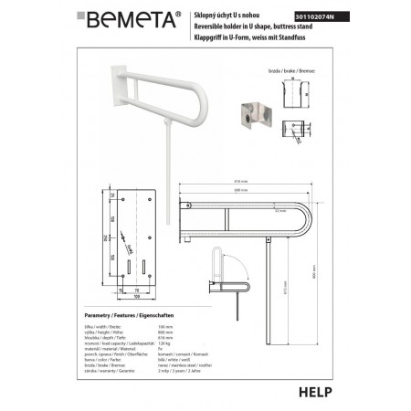 Bemeta HELP Uchwyt składany w kształcie litery U z nogą 600 mm biały 301102074N$K