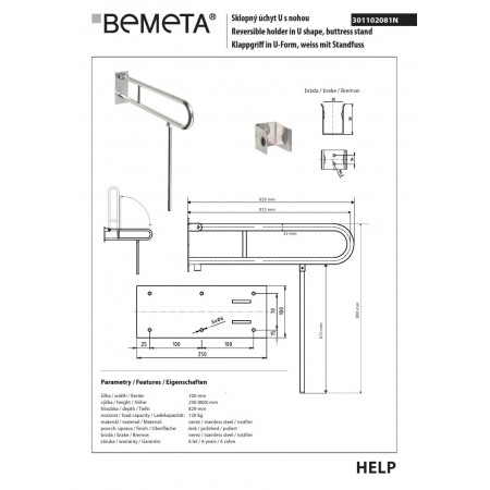 Bemeta HELP Składany uchwyt w kształcie litery U z nogą podporową 813 mm stal nierdzewna 301102081N$K