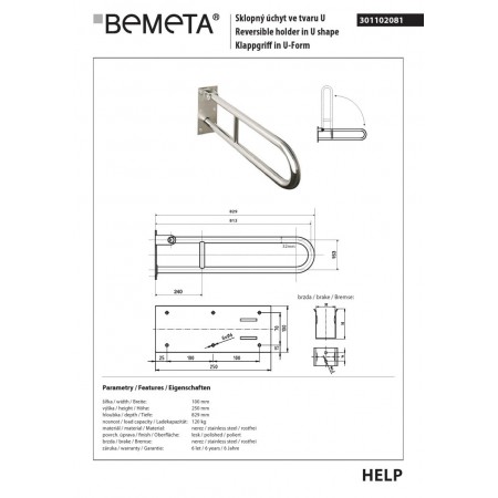 Bemeta HELP Uchwyt składany w kształcie litery U 813 mm stal nierdzewna 301102081$K